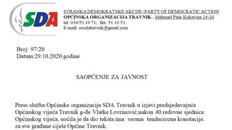 Saopćenje za javnost u vezi izjave predsjedavajuće OV Travnik