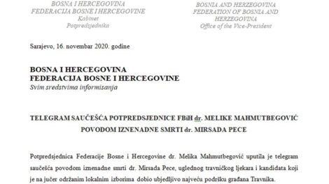 Telegram saučešća potpredsjednice FBiH povodom iznenadne smrti dr. Pece